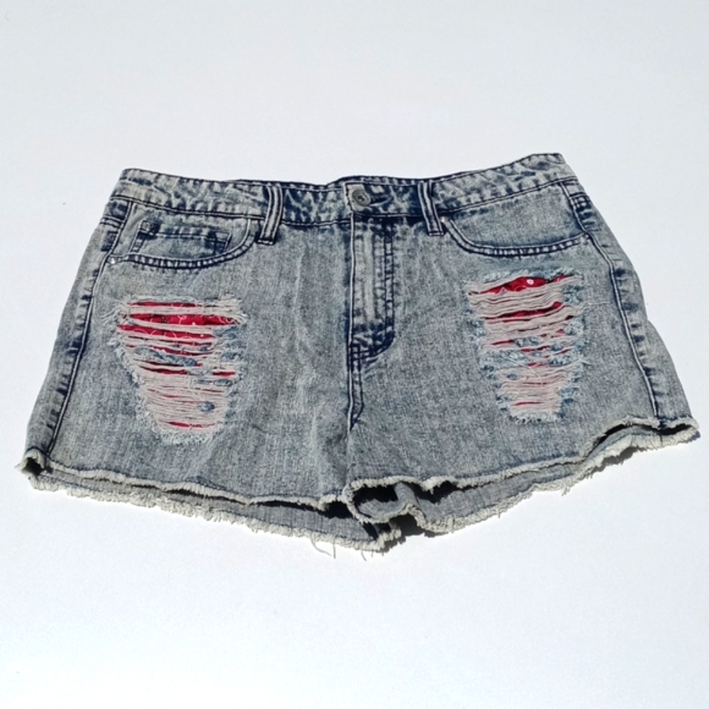 Lovesick Cutoff Denim Jean Shorts Red Paisley Bandana Ripped Size 13